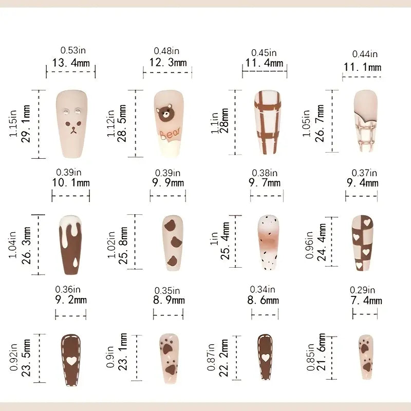 YelloTee 24pcs Cartoon Bear Press-On Nails – Cute Grid Pattern & Love Design for Girls