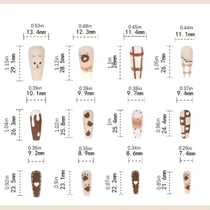 YelloTee 24pcs Cartoon Bear Press-On Nails – Cute Grid Pattern & Love Design for Girls