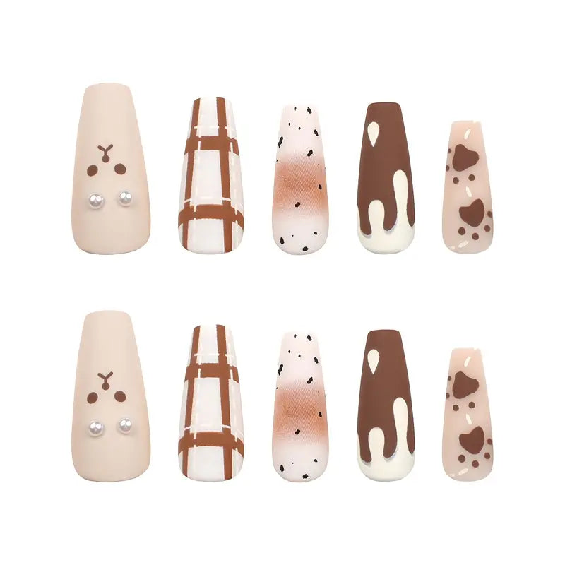 YelloTee 24pcs Cartoon Bear Press-On Nails – Cute Grid Pattern & Love Design for Girls