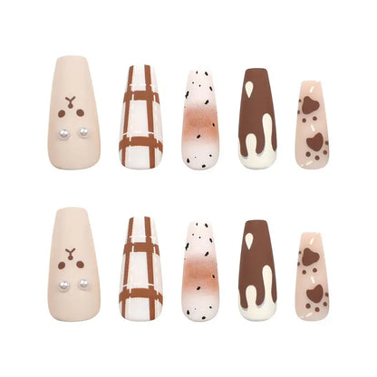 YelloTee 24pcs Cartoon Bear Press-On Nails – Cute Grid Pattern & Love Design for Girls