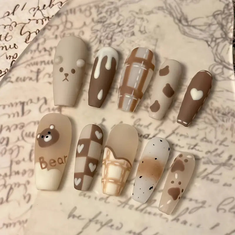YelloTee 24pcs Cartoon Bear Press-On Nails – Cute Grid Pattern & Love Design for Girls