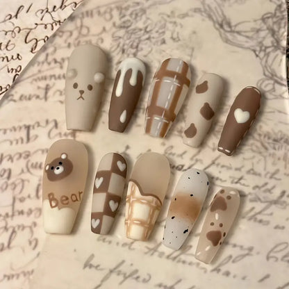 YelloTee 24pcs Cartoon Bear Press-On Nails – Cute Grid Pattern & Love Design for Girls