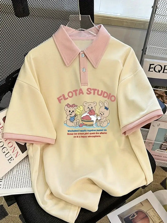 Women’s Cartoon Color Block Shirt – 2025 Summer Loose Half Sleeve Top