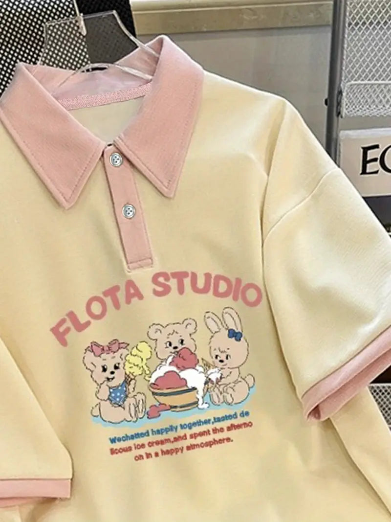 Women’s Cartoon Color Block Shirt – 2025 Summer Loose Half Sleeve Top