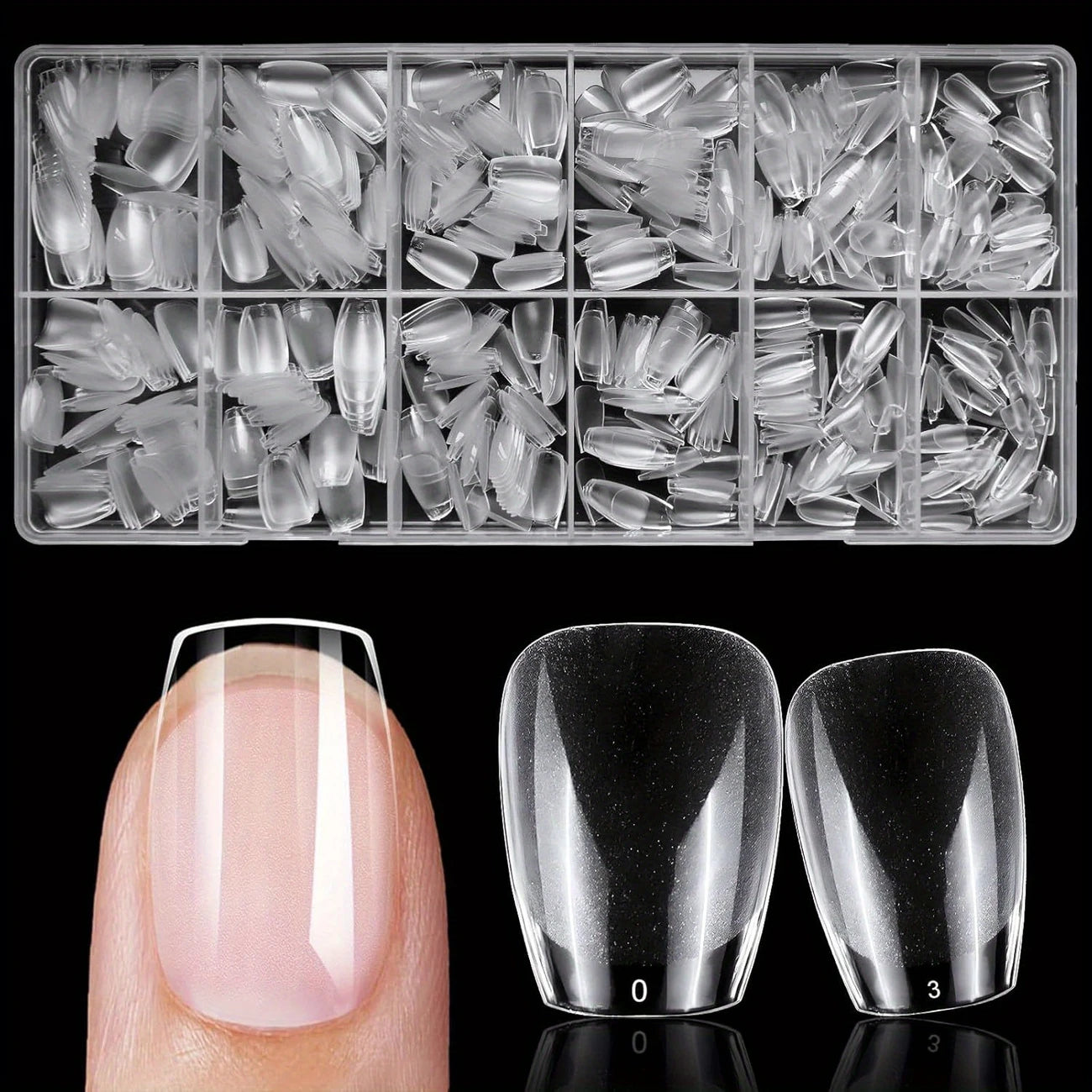 YelloTee 600pcs short coffin nail tips kit with clear and black matte soft gel nails for DIY and salon use.