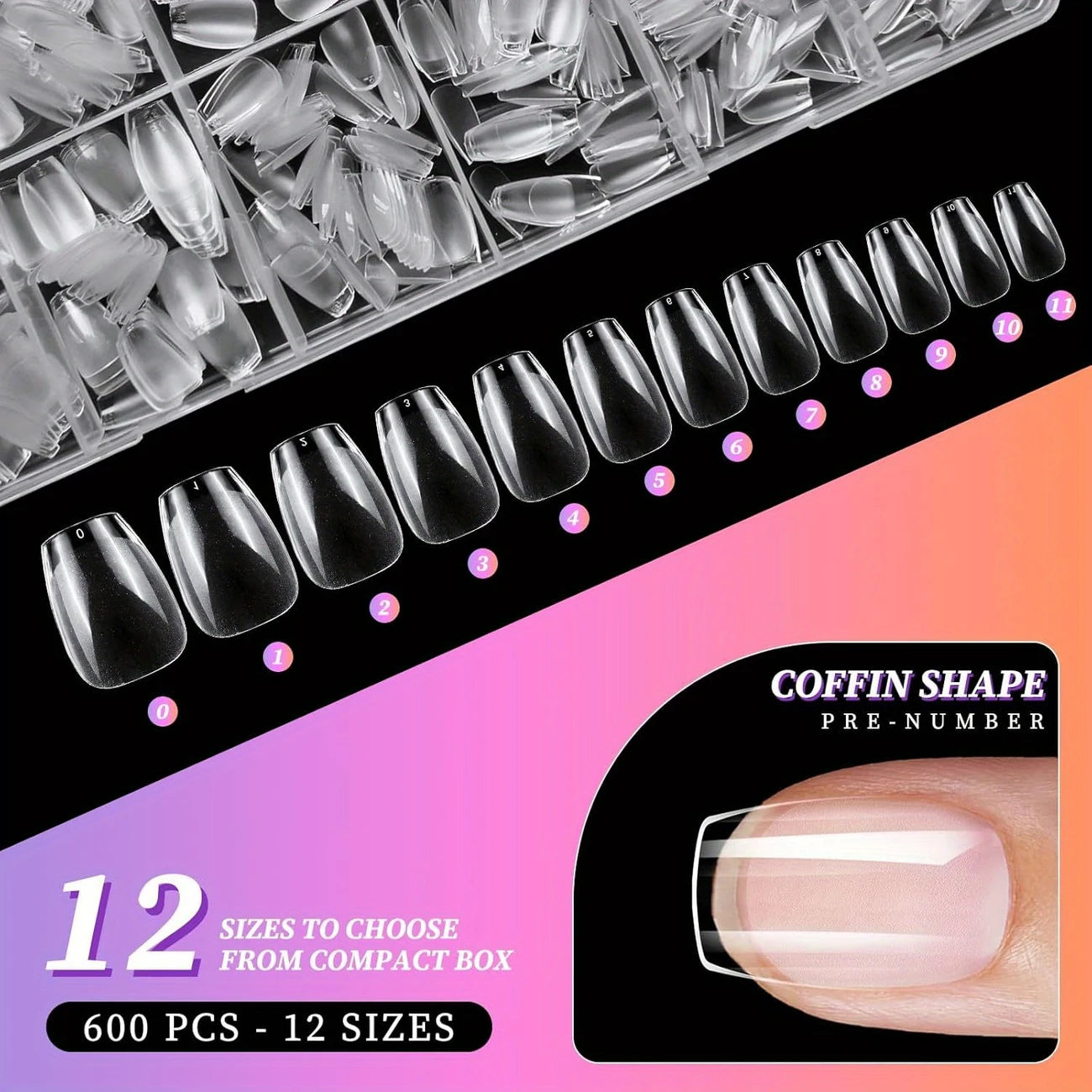 YelloTee 600pcs short coffin nail tips kit with clear and black matte soft gel nails for DIY and salon use.