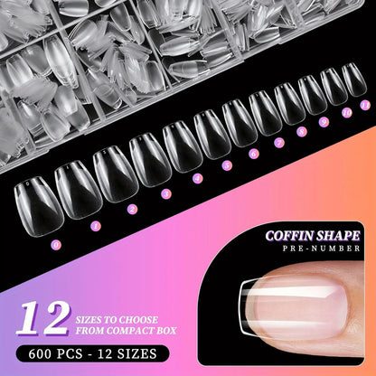 YelloTee 600pcs short coffin nail tips kit with clear and black matte soft gel nails for DIY and salon use.