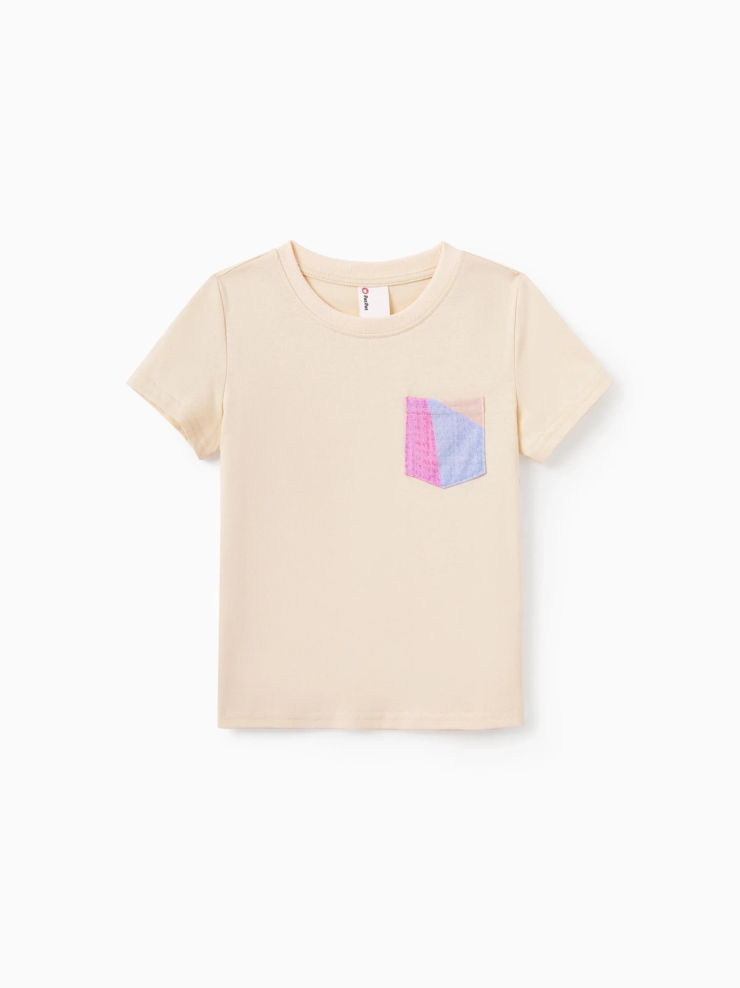 Beige t-shirt with a colorful pocket design on a white background