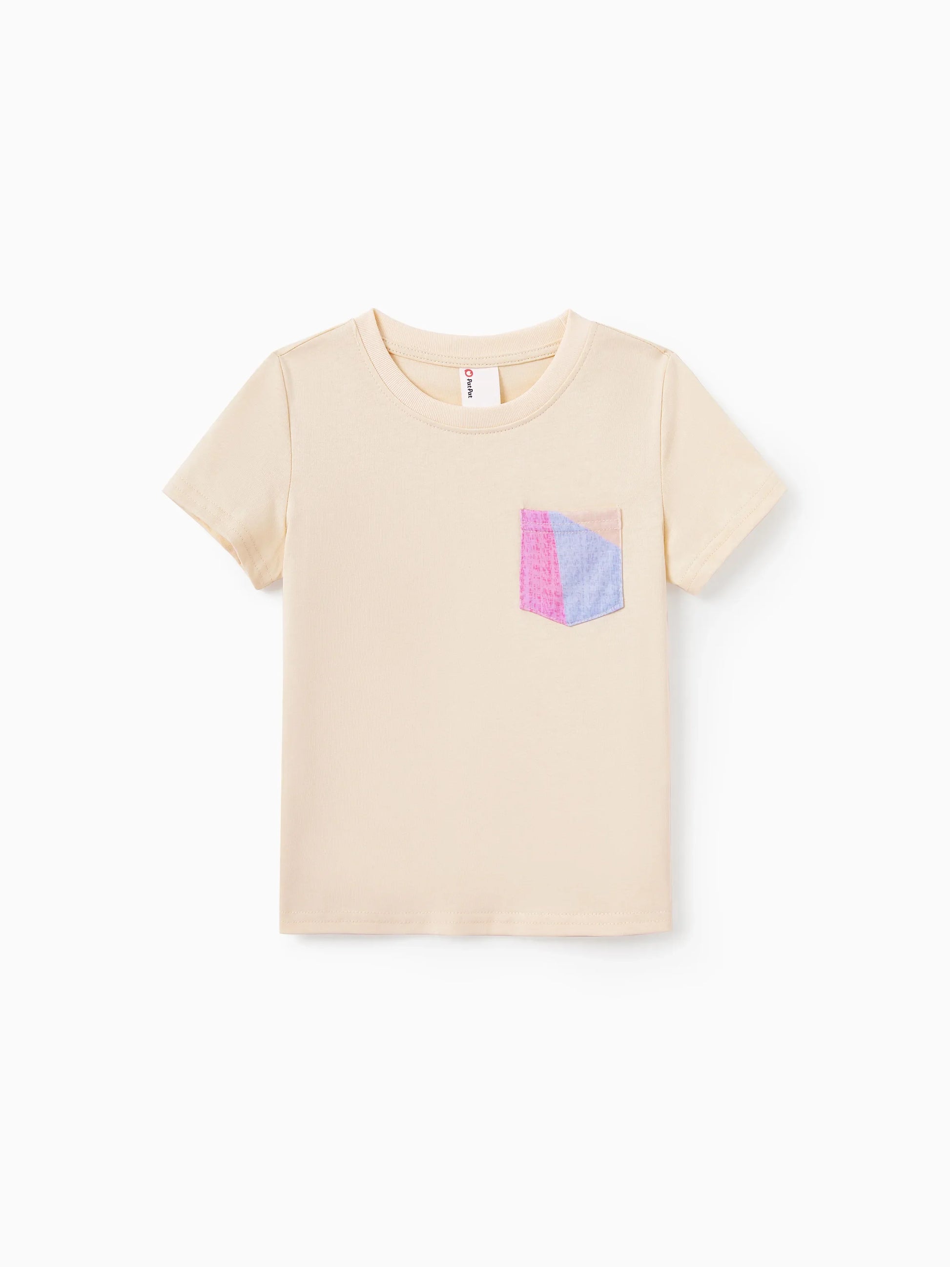 Beige t-shirt with a colorful pocket design on a white background