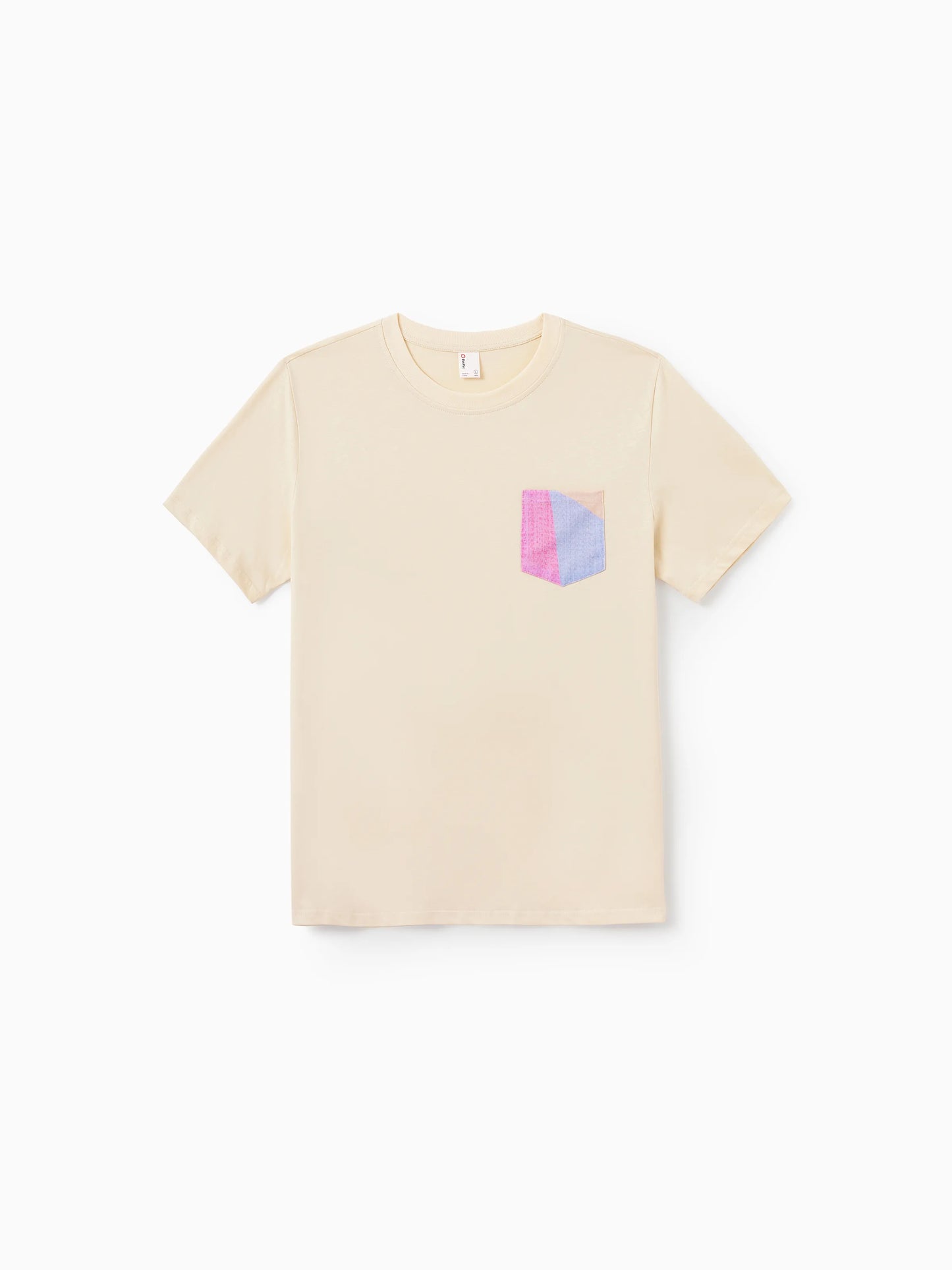 Beige t-shirt with a colorful logo on a white background