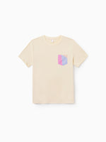 Beige t-shirt with a colorful logo on a white background