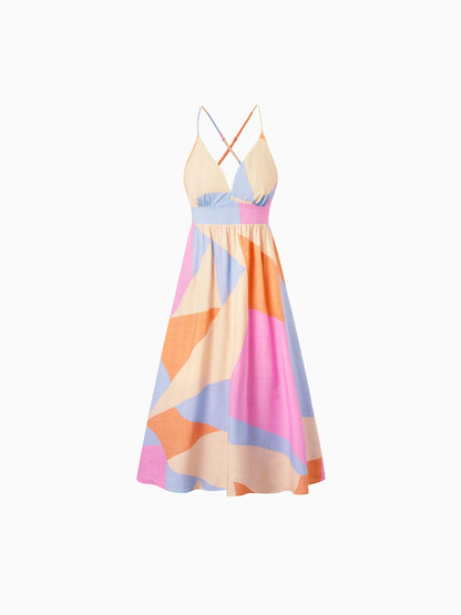 Colorful dress with geometric pattern on a white background