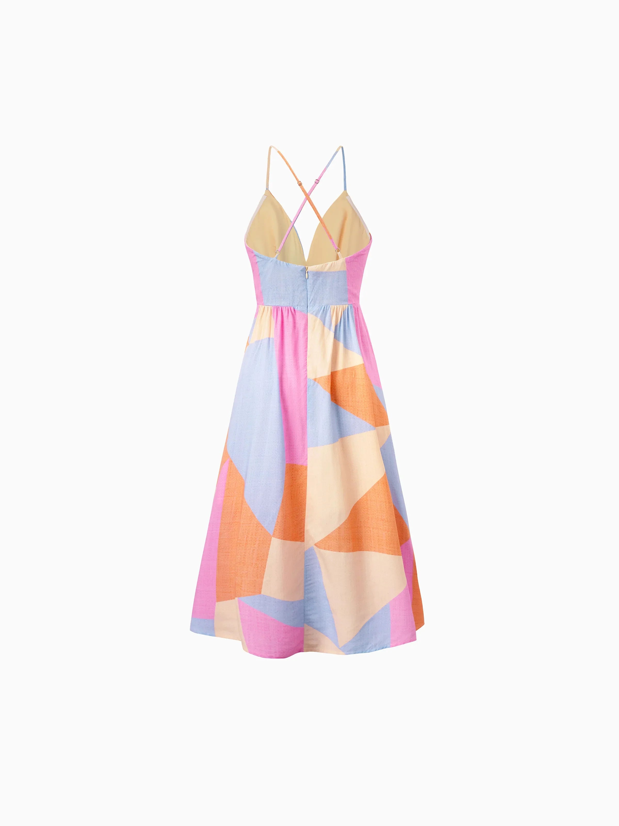 Colorful geometric-patterned dress on a white background