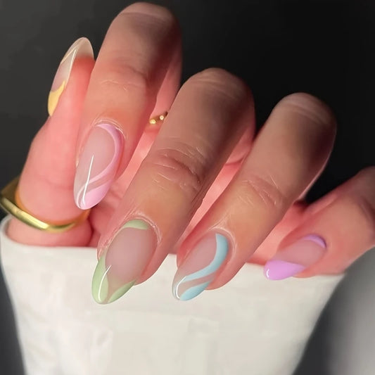 YelloTee 24pcs colorful stripes almond press-on nails with French tip design, full-coverage glossy nails with jelly glue and nail file
