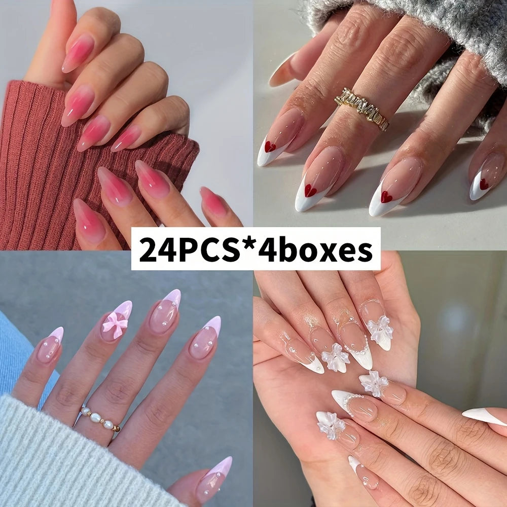 YelloTee 96pcs French almond short press-on nails with DIY nail tools, perfect for women and girls in INS style