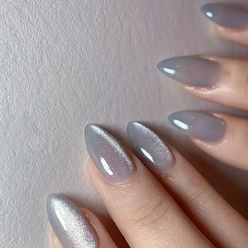 Gray Cat Eye Short Almond Press-On Nails – Full Cover Fake Nails for Women and Girls by YelloTee