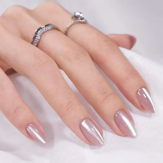 Gray Cat Eye Short Almond Press-On Nails – Full Cover Fake Nails for Women and Girls by YelloTee
