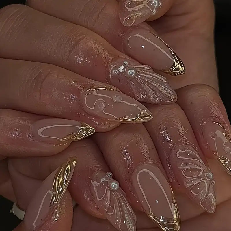 YelloTee Luxury Almond Press-On Nails – 24pcs Long 3D Nails with Gold Stripes, Pearls, Shell Art & Gift Box
