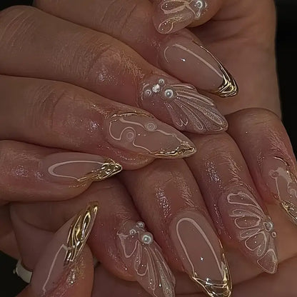YelloTee Luxury Almond Press-On Nails – 24pcs Long 3D Nails with Gold Stripes, Pearls, Shell Art & Gift Box