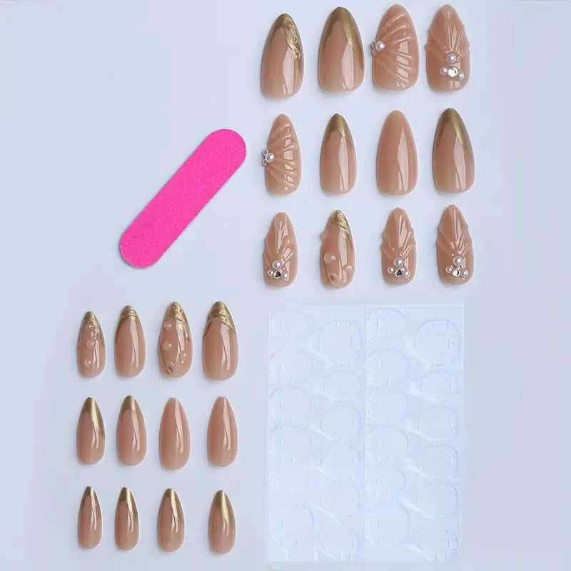 YelloTee Luxury Almond Press-On Nails – 24pcs Long 3D Nails with Gold Stripes, Pearls, Shell Art & Gift Box