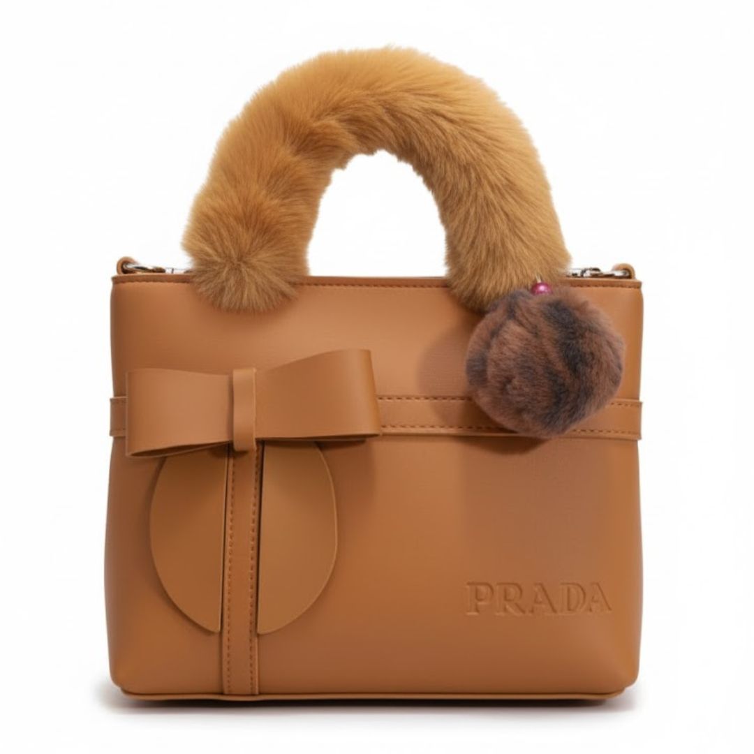 Luxury Bow Handle Handbag with Fur Strap