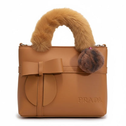 Luxury Bow Handle Handbag with Fur Strap