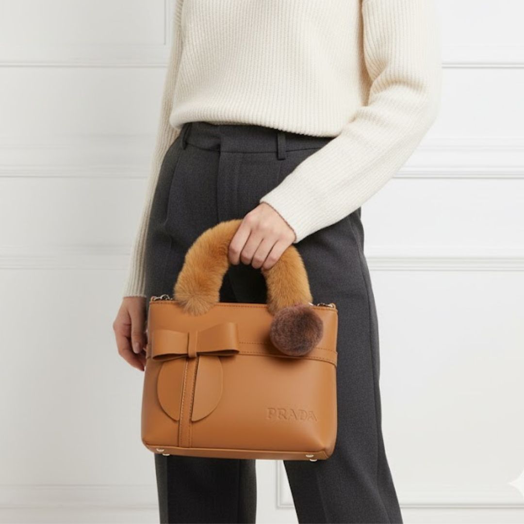 Luxury Bow Handle Handbag with Fur Strap