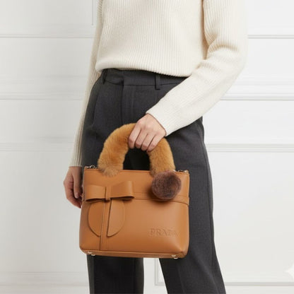 Luxury Bow Handle Handbag with Fur Strap