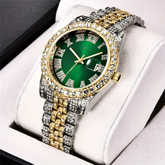 Yellotee Luxury Full Diamond Quartz Watch with Steel Strap & Calendar