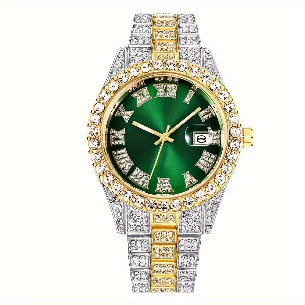 Yellotee Luxury Full Diamond Quartz Watch with Steel Strap & Calendar