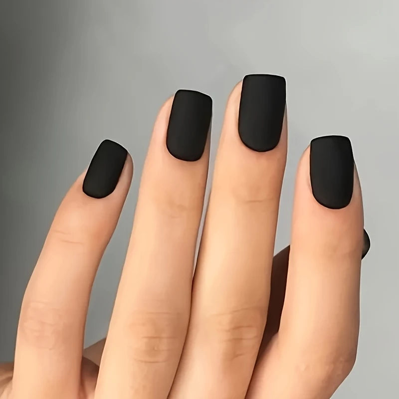 YelloTee 24pcs matte black medium square press-on nails with full coverage, solid color manicure for women