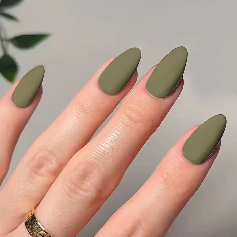YelloTee Matte Green Almond Press-On Nails Set – 24pcs Short Solid Color Textured Fake Nails with Jelly Glue