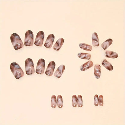 YelloTee Oval Marble Press-On Nails – 24pcs Short Glossy Fake Nails with Glue for Women and Girls