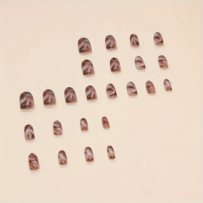 YelloTee Oval Marble Press-On Nails – 24pcs Short Glossy Fake Nails with Glue for Women and Girls