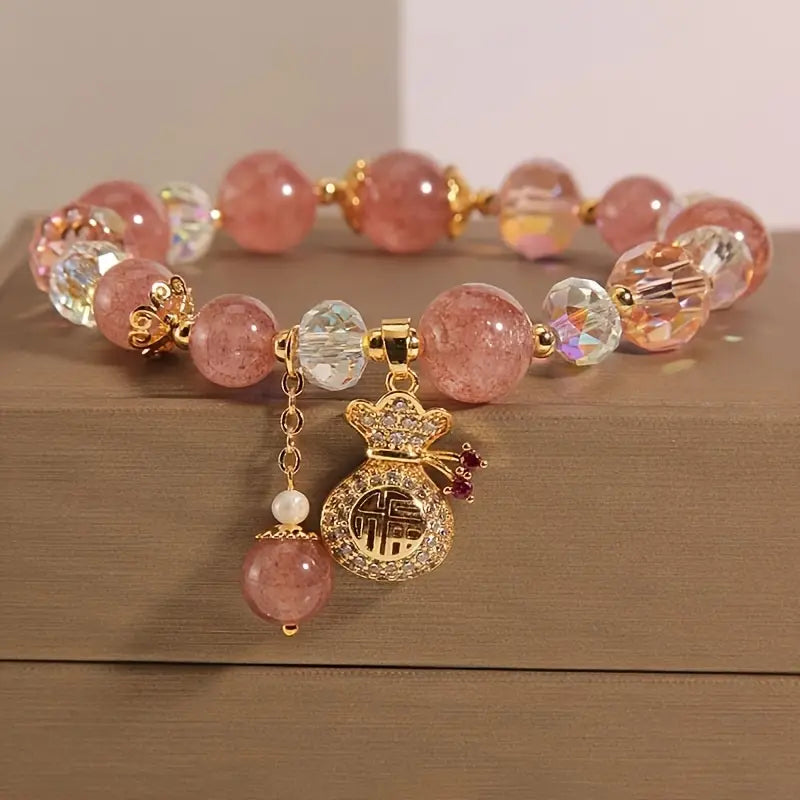 Yellotee Pink Beaded Bracelet with Golden Accents for Women