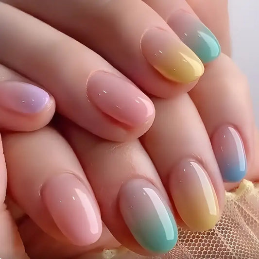 YelloTee Pink and Green Gradient Press-On Nails – 24pcs Glossy Medium Oval Fake Nails

