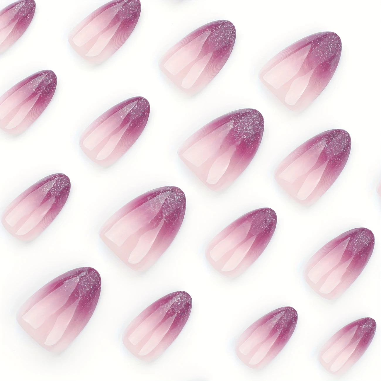 elloTee 24pcs almond-shaped short press-on nails with purple gradient glossy finish in French minimalist style
