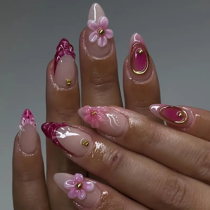 YelloTee 24pcs Red Almond Press-On Nails with 3D Flowers and Gold Beads – Elegant Nail Art Set for Women