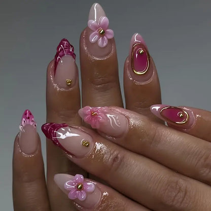 YelloTee 24pcs Red Almond Press-On Nails with 3D Flowers and Gold Beads – Elegant Nail Art Set for Women
