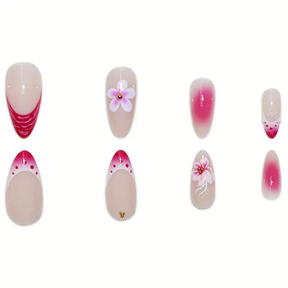 YelloTee 24pcs Red Almond Press-On Nails with 3D Flowers and Gold Beads – Elegant Nail Art Set for Women