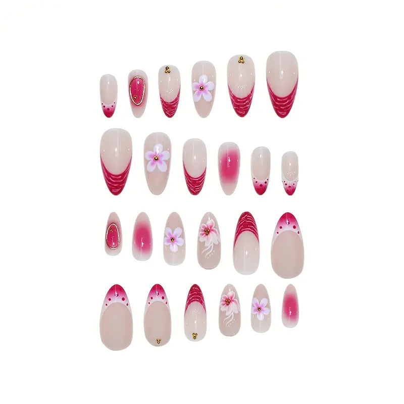 YelloTee 24pcs Red Almond Press-On Nails with 3D Flowers and Gold Beads – Elegant Nail Art Set for Women