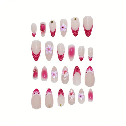 YelloTee 24pcs Red Almond Press-On Nails with 3D Flowers and Gold Beads – Elegant Nail Art Set for Women