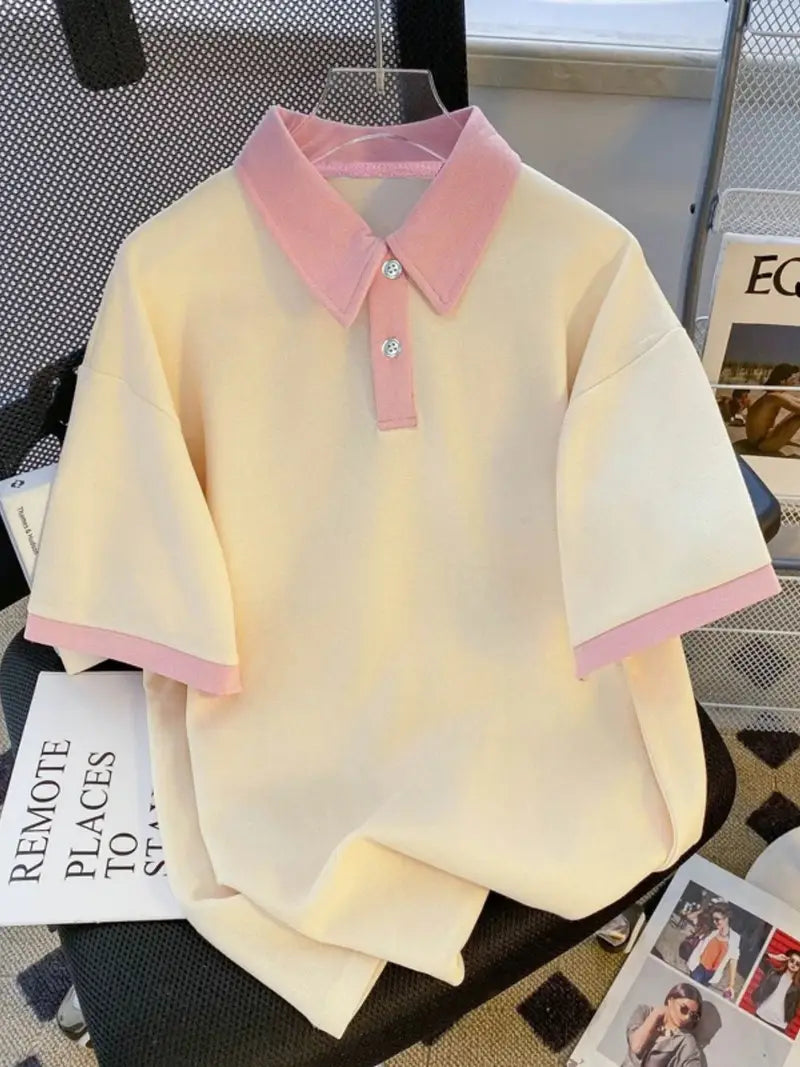 Retro unisex summer shirt with pink collar and cuffs - casual spring fashion 2025