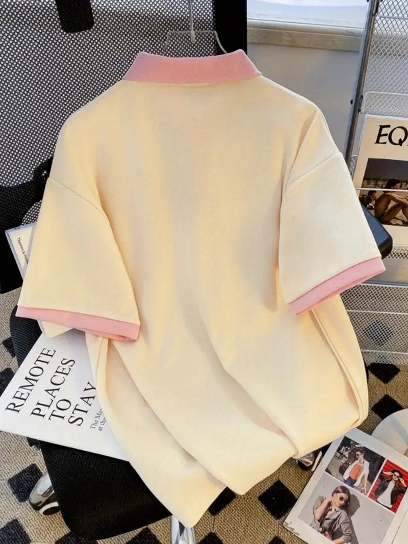 Retro unisex summer shirt with pink collar and cuffs - casual spring fashion 2025