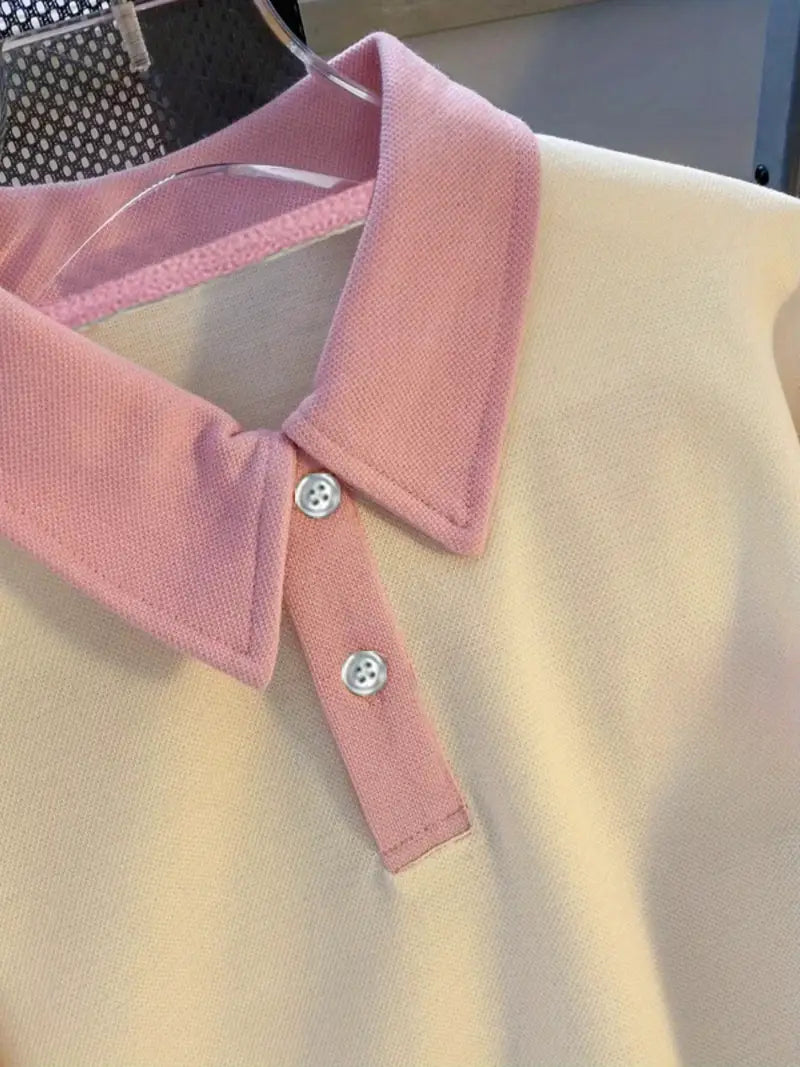 Retro unisex summer shirt with pink collar and cuffs - casual spring fashion 2025