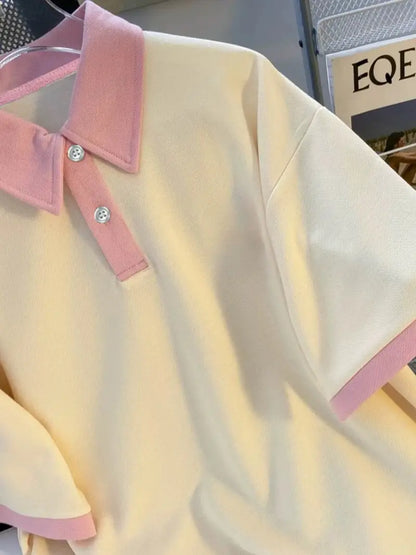 Retro unisex summer shirt with pink collar and cuffs - casual spring fashion 2025