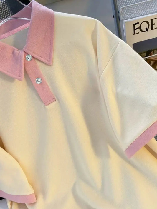 Retro unisex summer shirt with pink collar and cuffs - casual spring fashion 2025