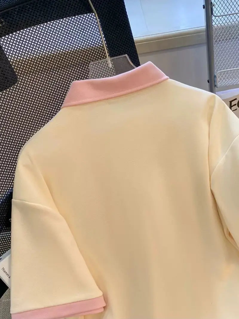 Retro unisex summer shirt with pink collar and cuffs - casual spring fashion 2025