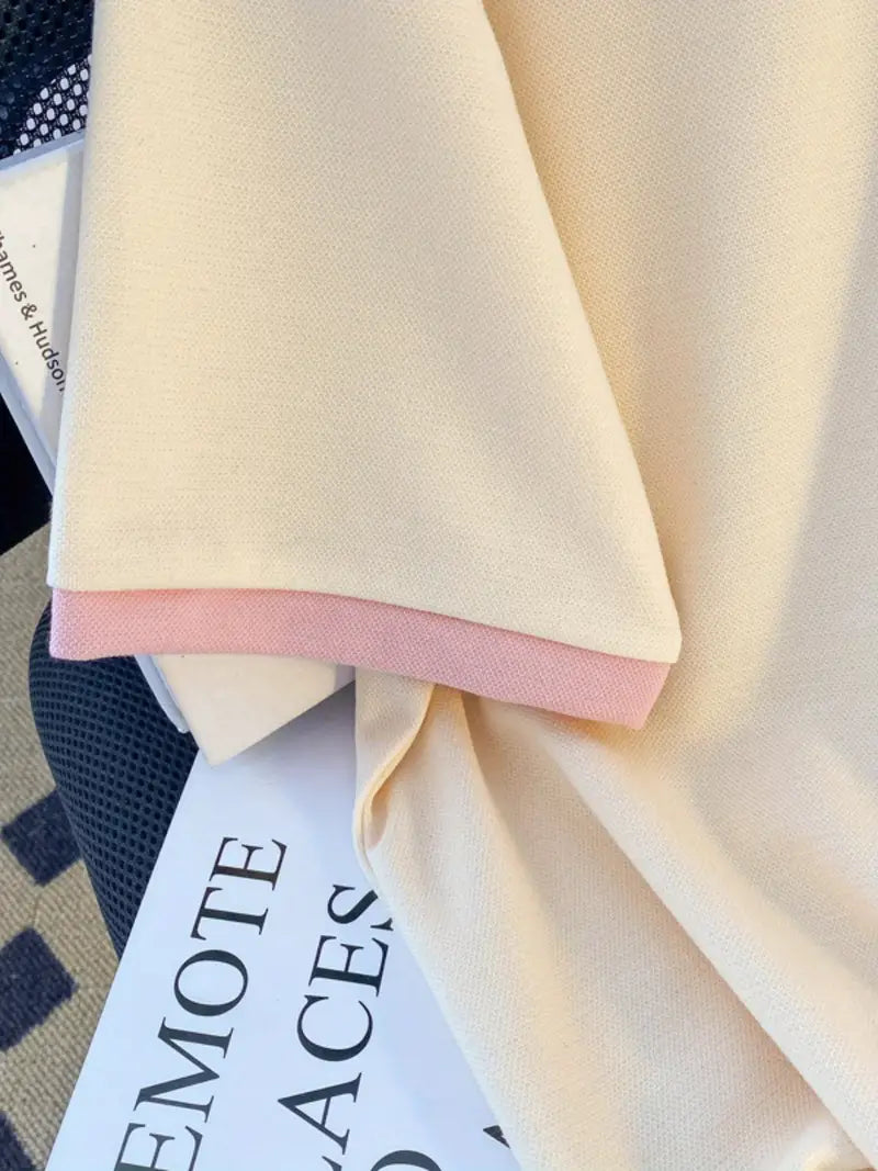 Retro unisex summer shirt with pink collar and cuffs - casual spring fashion 2025