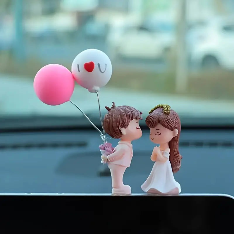 Romantic Couple Car Dashboard Ornament with Heart Balloons – PVC Love Decor